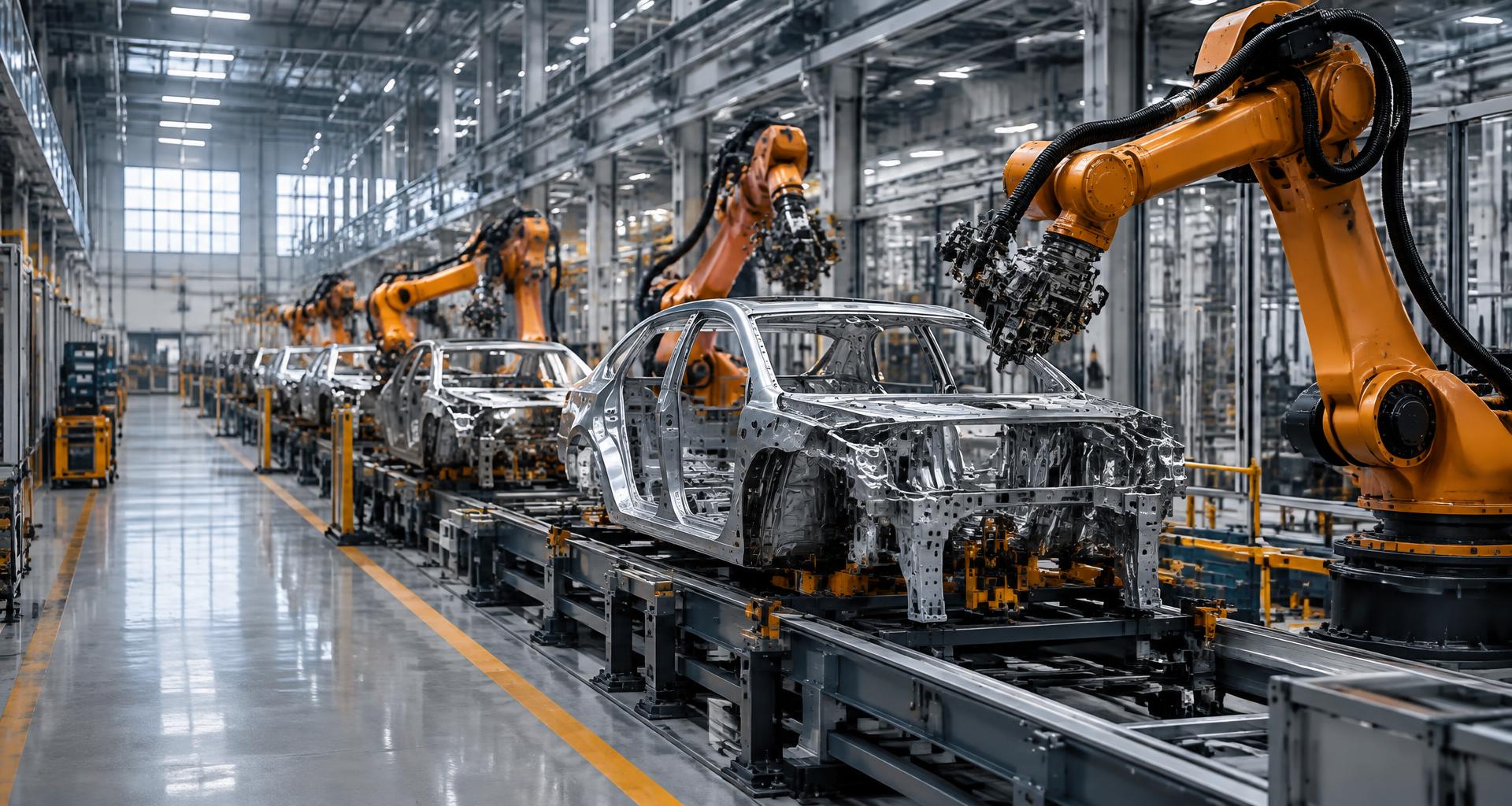 Orange industrial robots on a precision manufacturing production line